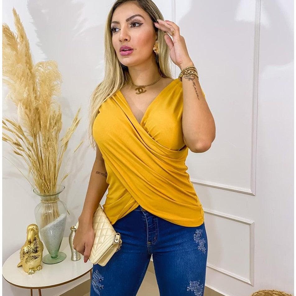 Blusa Transpassada Manga Curta Mostarda