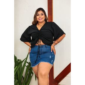 Blusa Plus Size Franzida Com Manga Flare