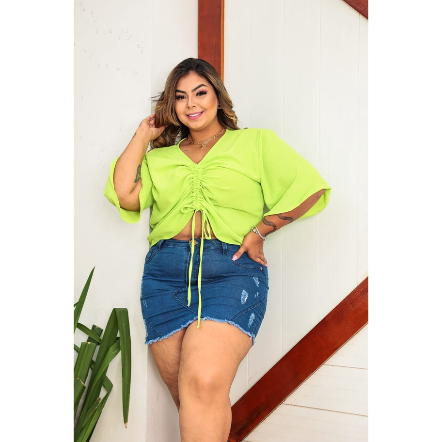 Blusa Plus Size Franzida Com Manga Flare