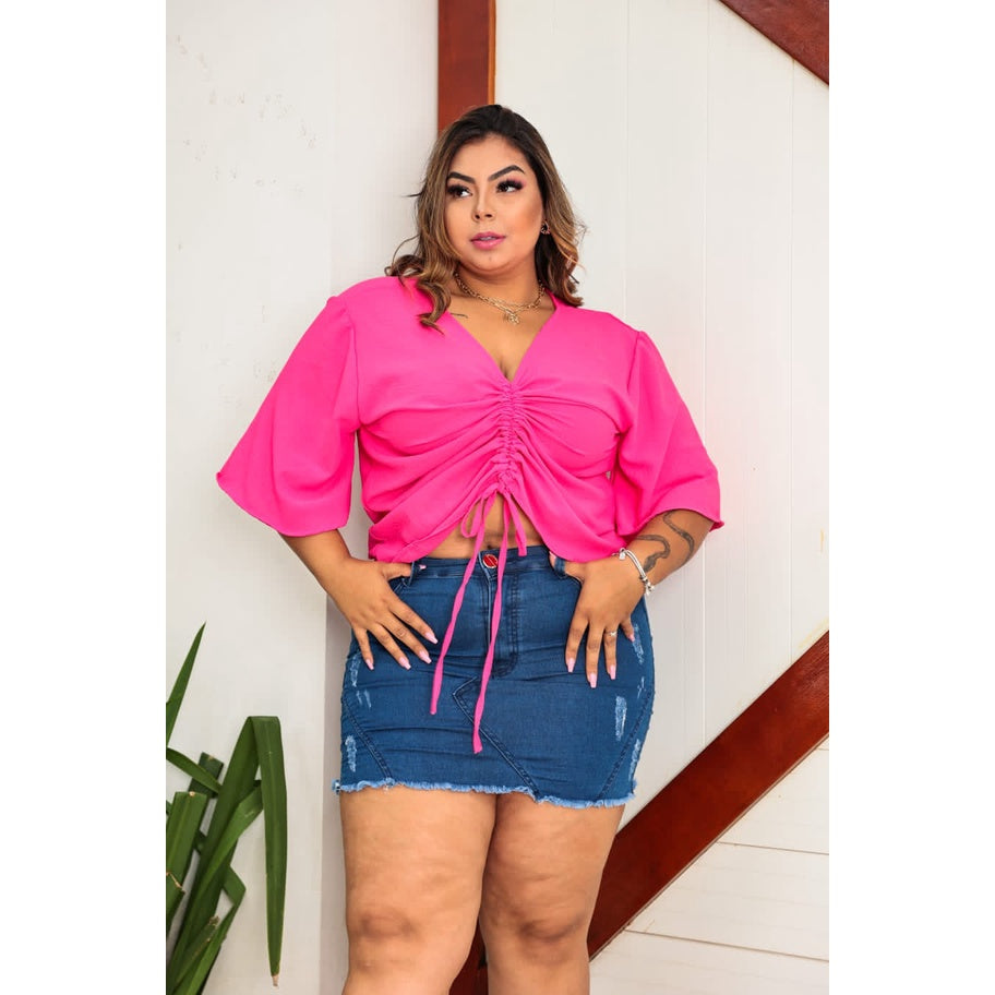 Blusa Plus Size Franzida Com Manga Flare