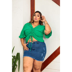 Blusa Plus Size Franzida Com Manga Flare