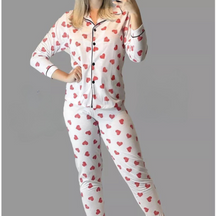 Pijama Longo Americano Branco Coração Vermelho