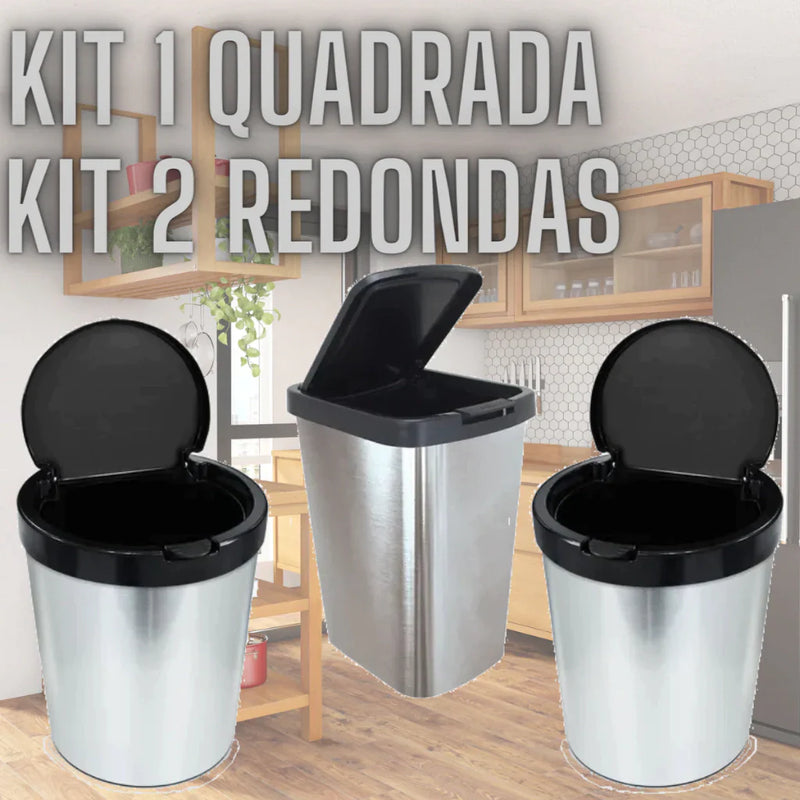 Kit 3 Lixeiras Imita Inox - Loja Achados.com