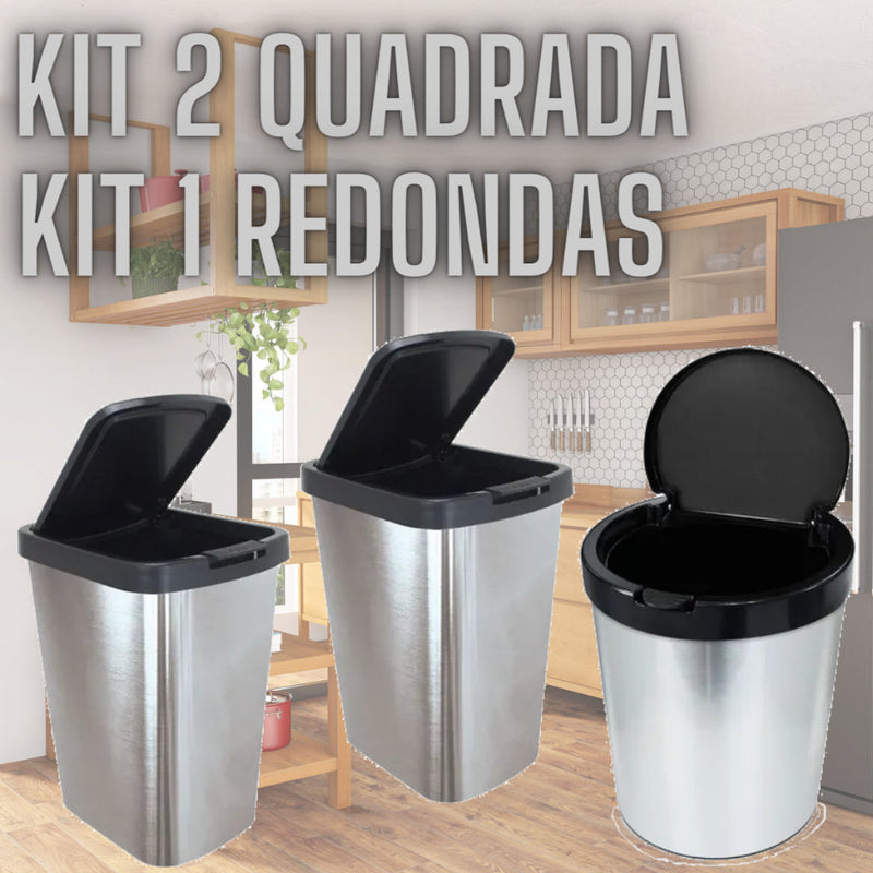 Kit 3 Lixeiras Imita Inox - Loja Achados.com