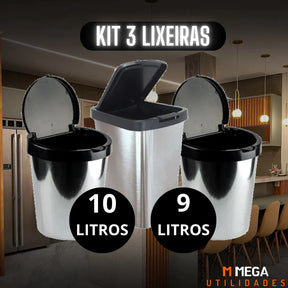 Kit 3 Lixeiras Imita Inox - Loja Achados.com