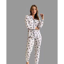 Pijama Longo Americano Branco Coração Preto detalhe Preto